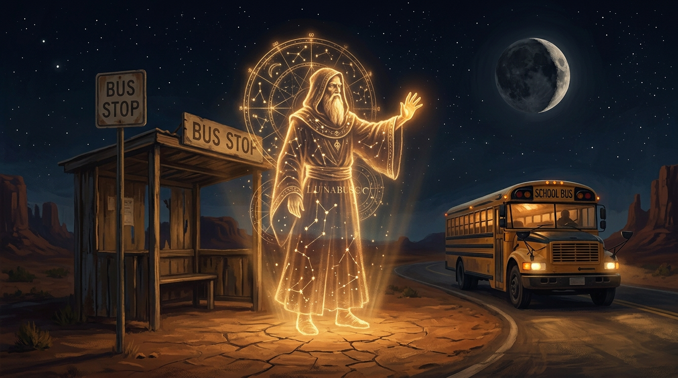 A holographic astrologer of golden light raises a hand at a desert bus stop.