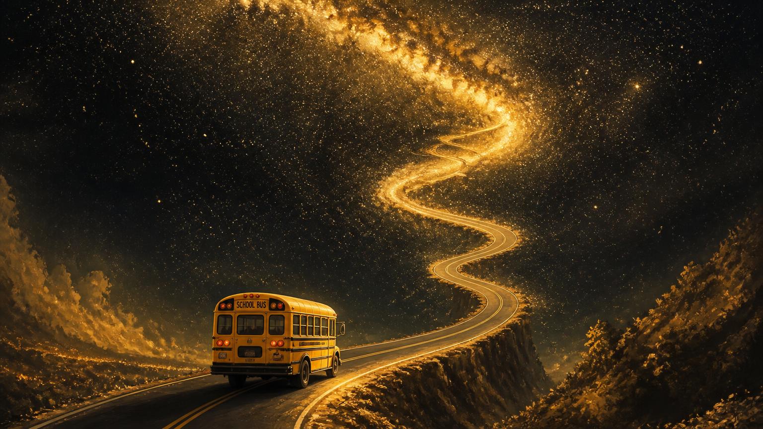 A tiny school bus on a road spiralling up into the Milky Way.