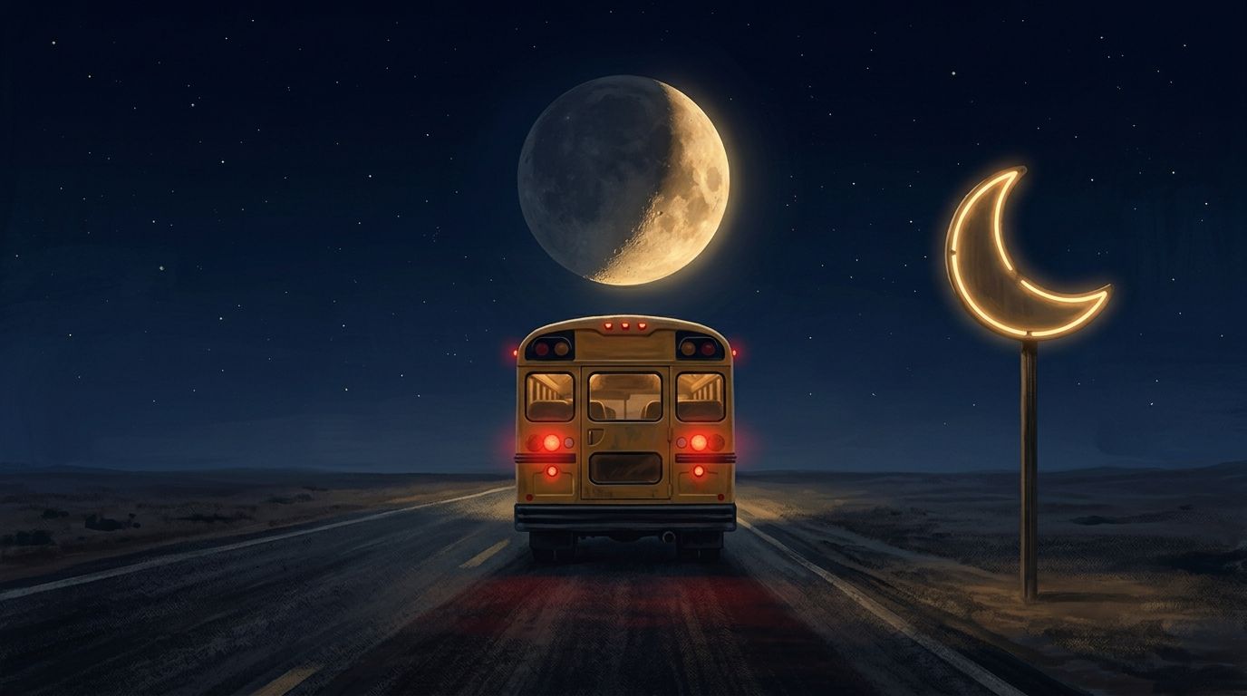 Rear view of the bus driving away past a crescent-moon road sign.