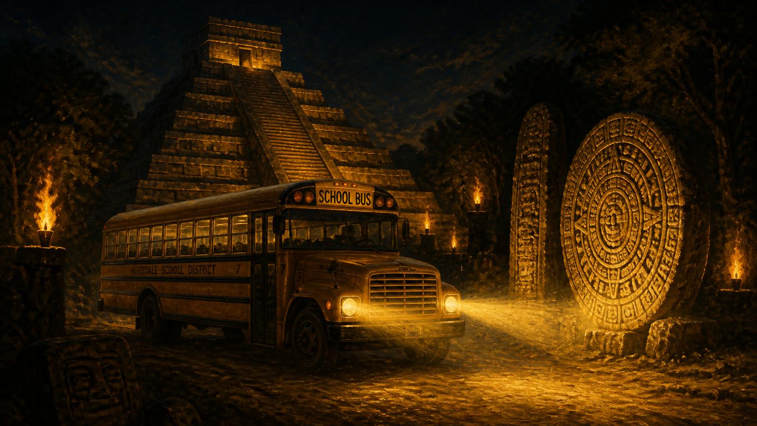 A school bus rolling past a Maya step pyramid and standing stones at night.