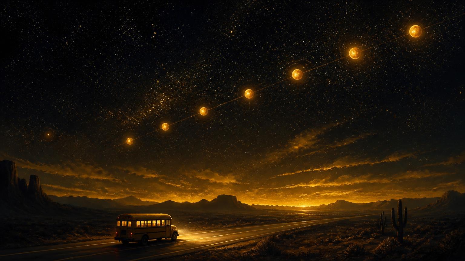 Six planets strung in a line across a predawn desert sky above a tiny bus.