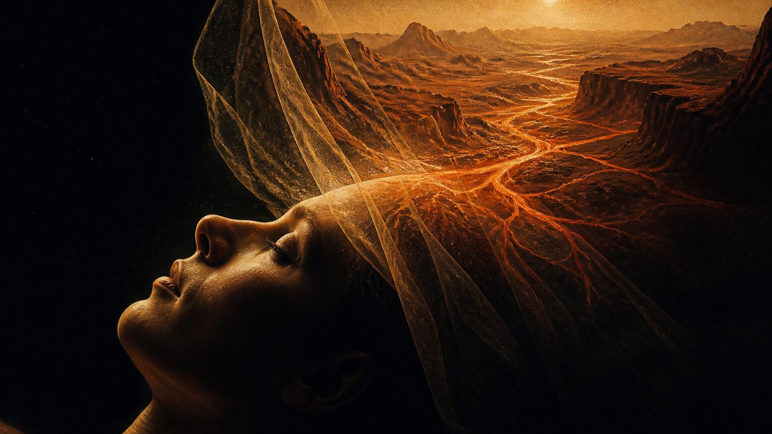 A sleeping face in profile with a Martian river valley surfacing through it behind a veil of amber light.