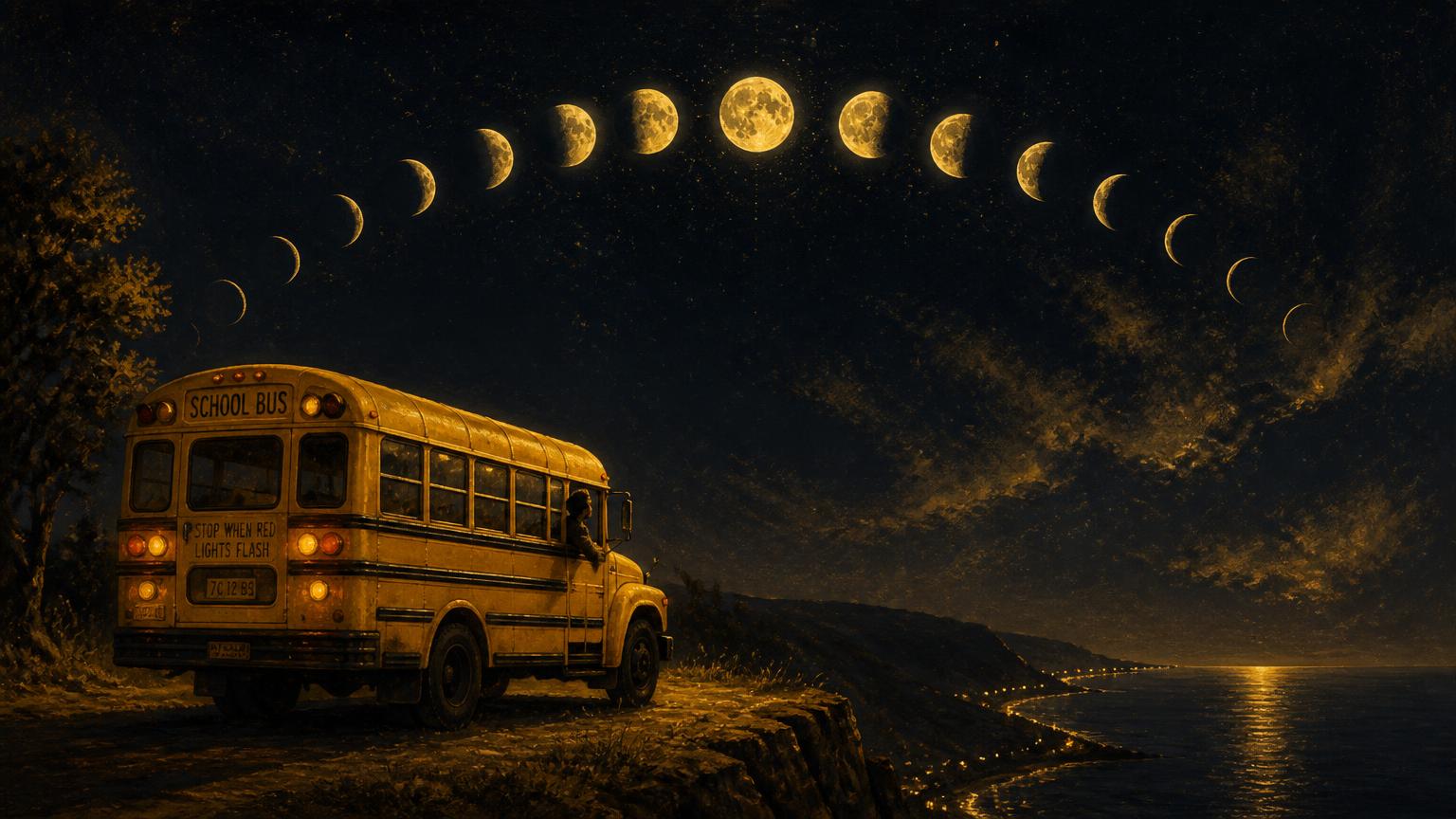 A school bus on a cliff edge under an arc of golden moon phases.