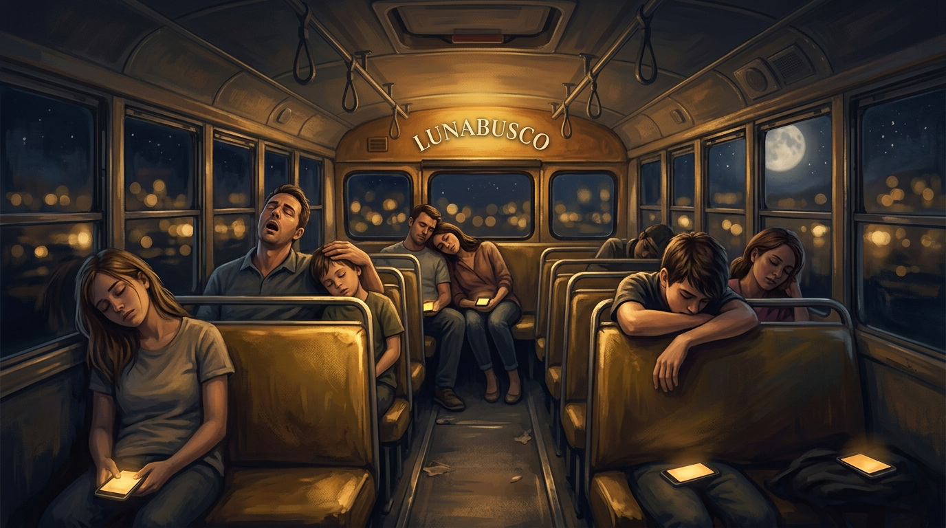 Inside the bus at night, every passenger asleep, phone screens glowing gold.