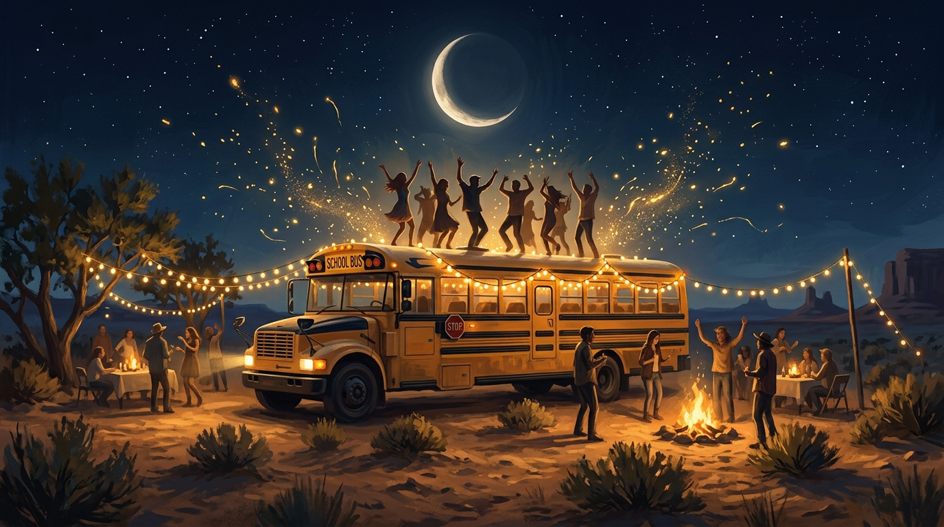 People dance on the bus roof under string lights as a new crescent returns.