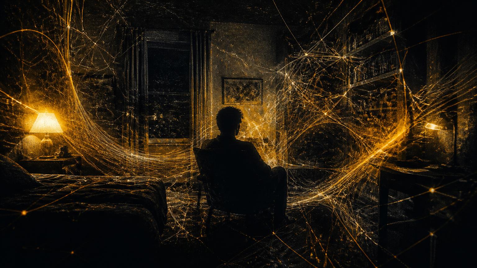A dark room seen in another spectrum, thick with amber threads of invisible signal.