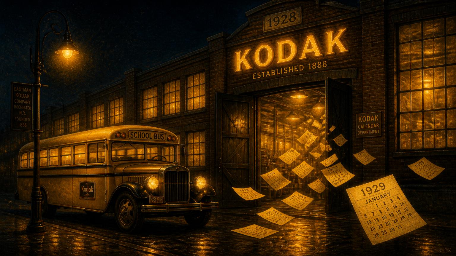 A vintage school bus parked outside a 1928 Kodak factory, calendar pages drifting into the night.