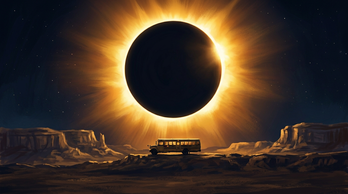 A total eclipse with a golden corona over a darkened ridge.