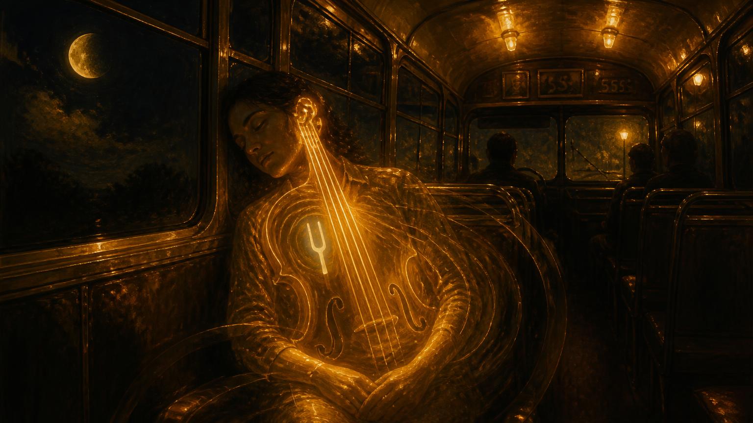 A sleeping passenger rendered as a stringed instrument of golden light.