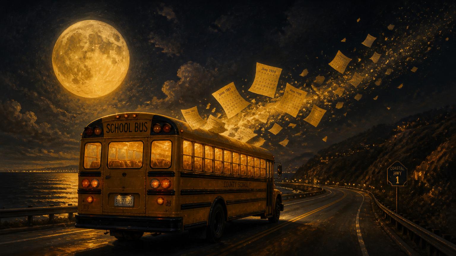 A school bus on a coastal night highway under an enormous moon, calendar pages trailing into the stars.