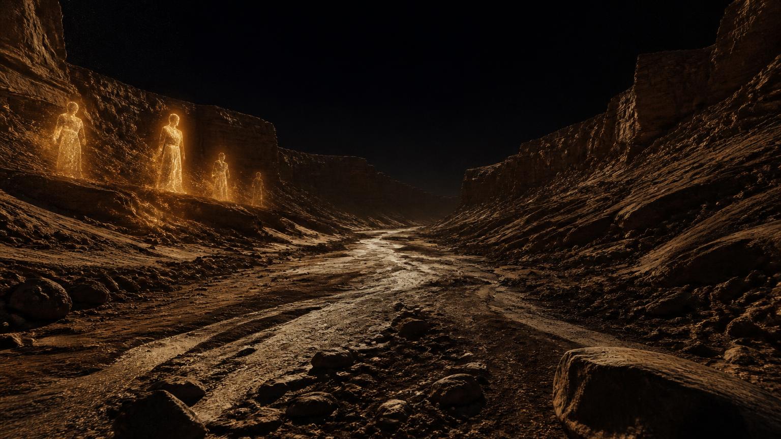 Faint figures of golden light along the banks of a dried Martian river.