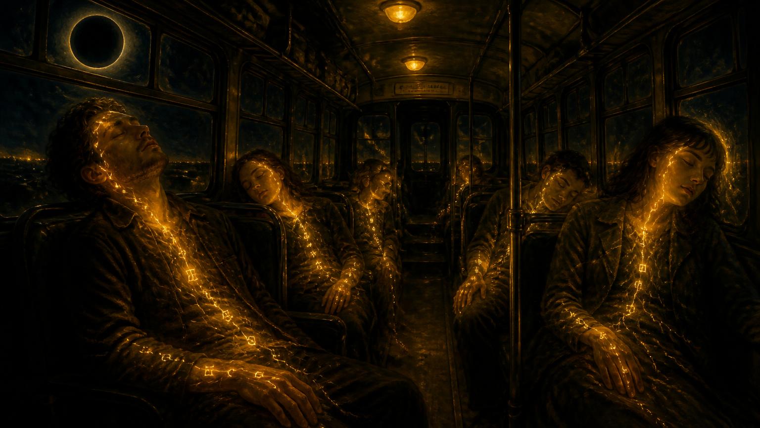 Sleeping passengers with veins of golden light running through them.